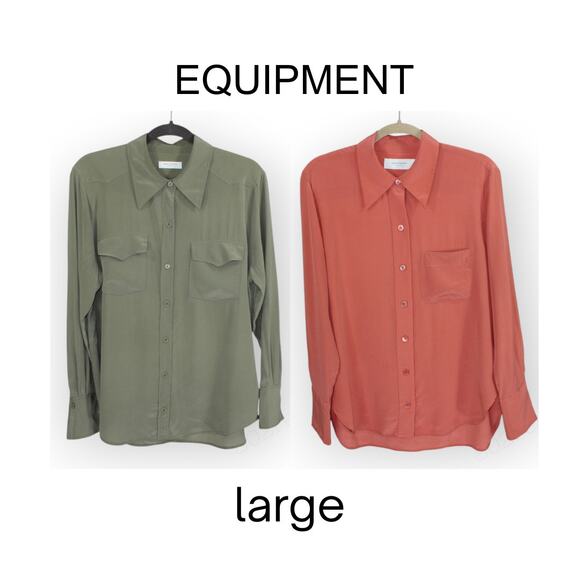 Two Large 100% SILK Blouses EQUIPMENT Rhodora~Deep Lichen • Quinne~Chili - Picture 1 of 11